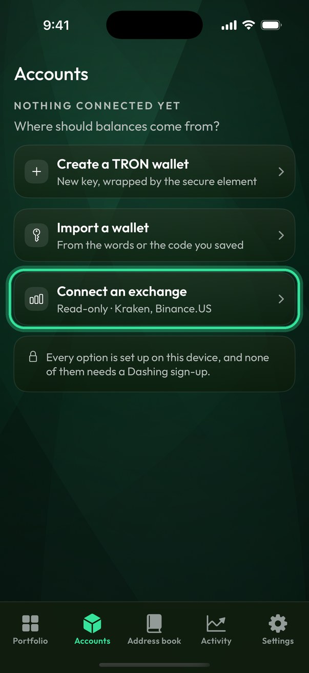 Accounts, before anything is connected: the third row is Connect an exchange.