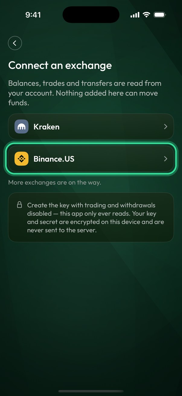 Connect an exchange: Binance.US is the second row.