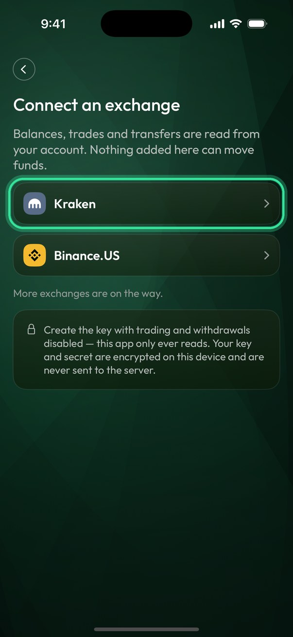 Connect an exchange: Kraken is the first row.