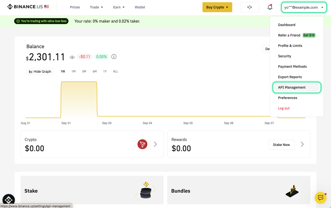 Binance.US's home page with the menu behind the email address in the top right open, and API Management in it.