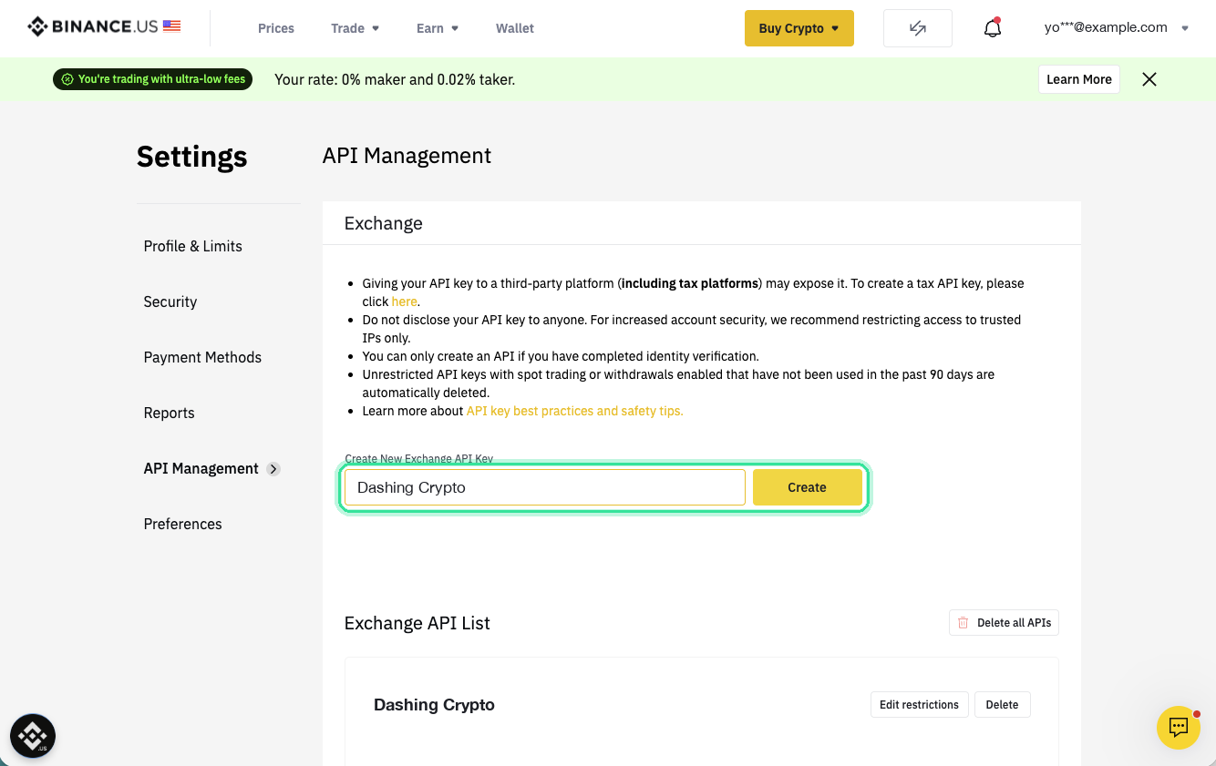 The API Management page, with a name typed under Create New Exchange API Key and the Create button beside it.