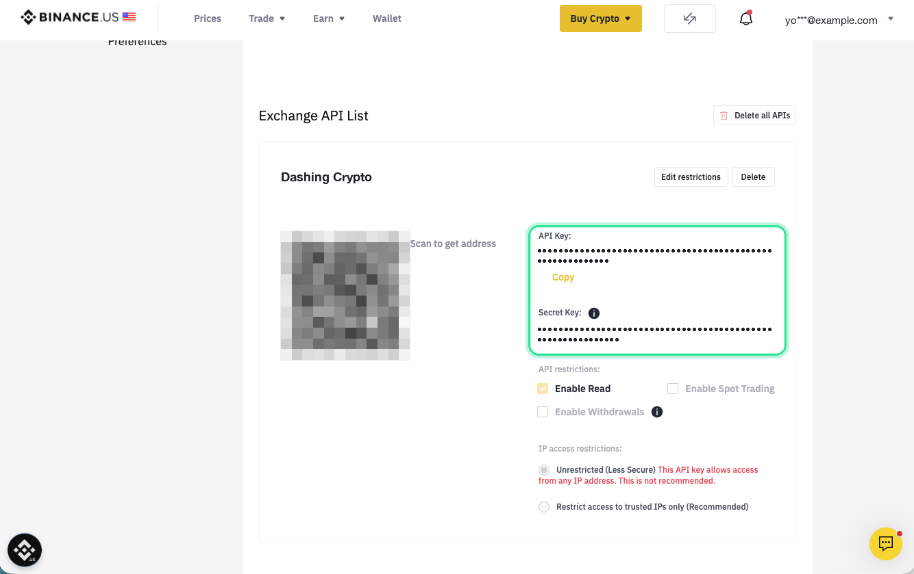 The new key in the Exchange API List: its API key and secret key, Enable Read ticked, trading and withdrawals clear, and IP access unrestricted.