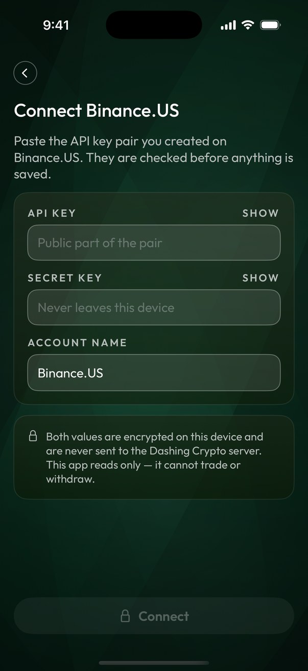 Connect Binance.US: the API key and secret key boxes, and the note that the key only reads.