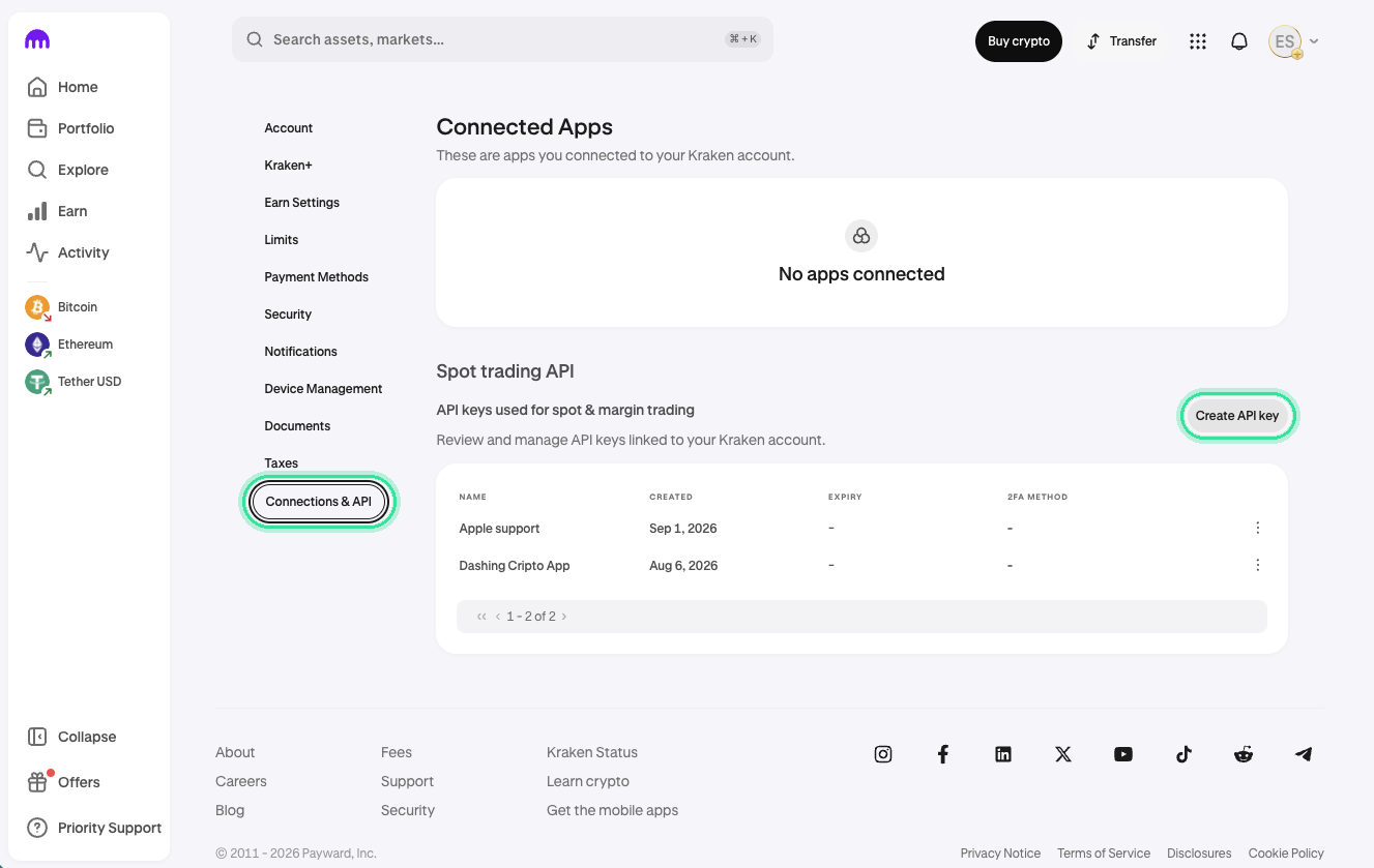 Kraken's account settings with Connections & API chosen in the list on the left. Your keys are listed under Spot trading API, beside the Create API key button.