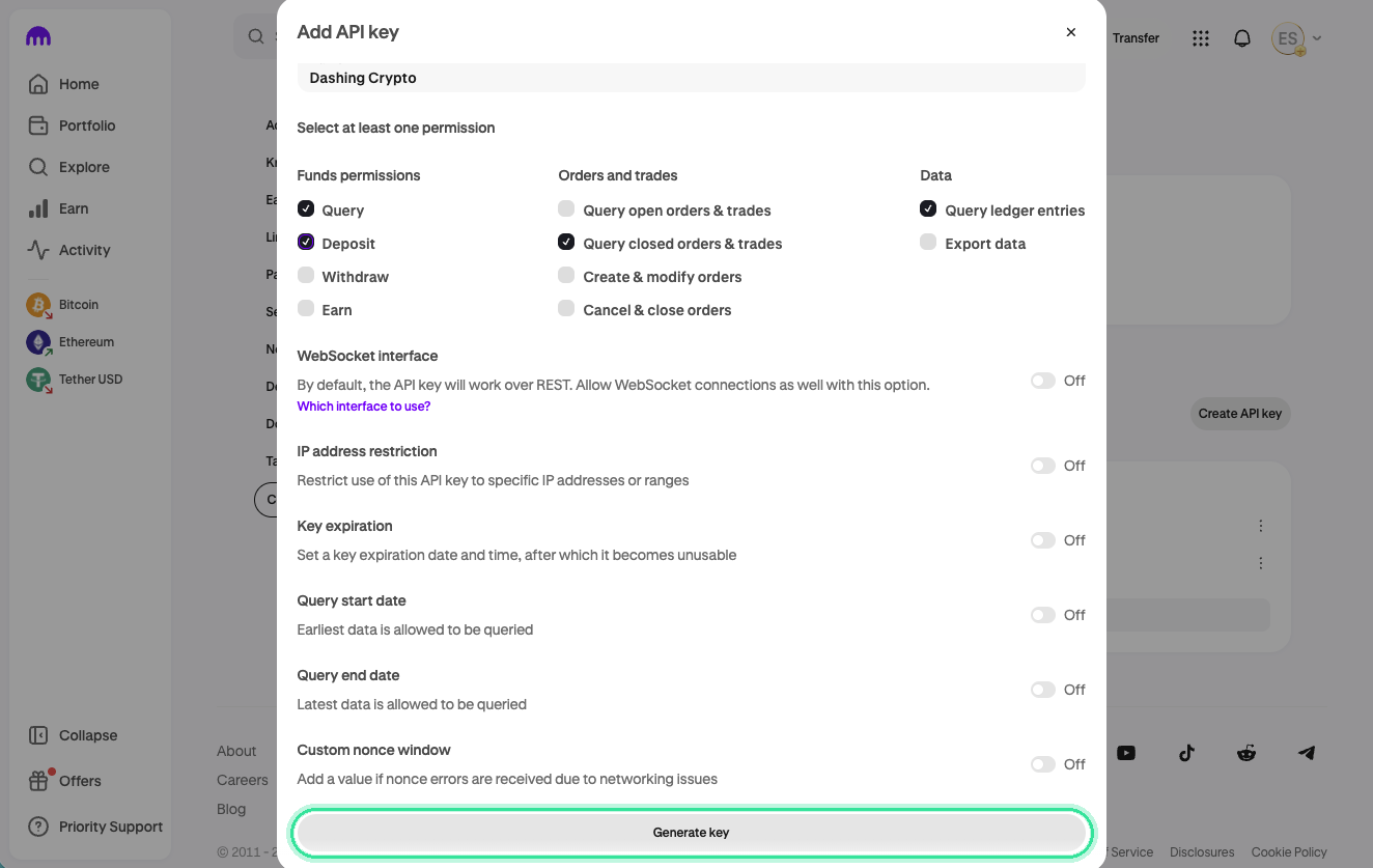 Kraken's Add API key dialog, named Dashing Crypto. Query, Deposit, Query closed orders & trades and Query ledger entries are ticked, and every switch below them is off.