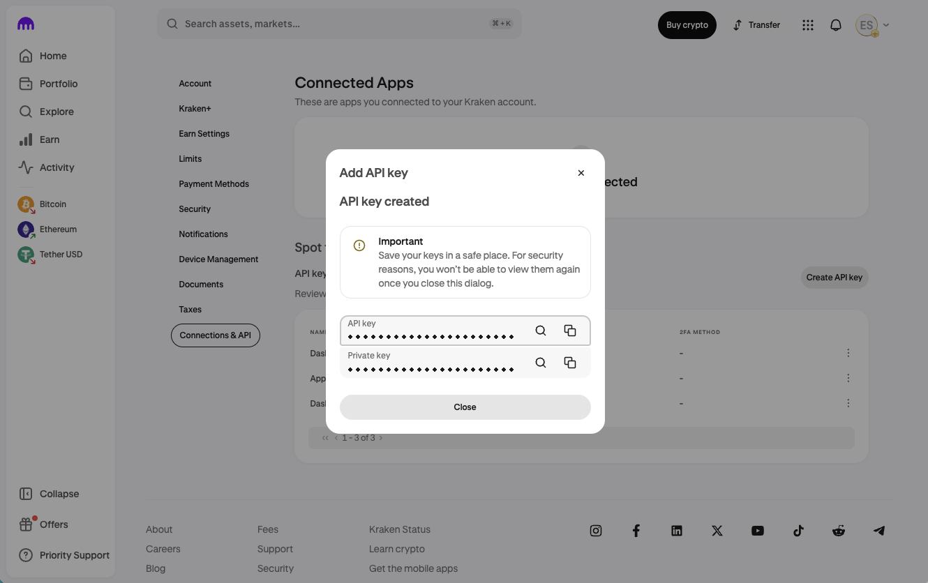 Kraken's API key created dialog: the API key and the private key, each with a copy button, and the note that they cannot be viewed again.
