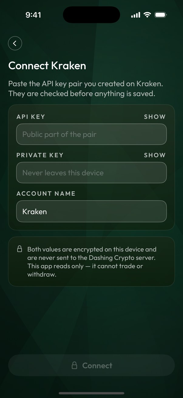 Connect Kraken: the API key and private key boxes, and the note that the key only reads.